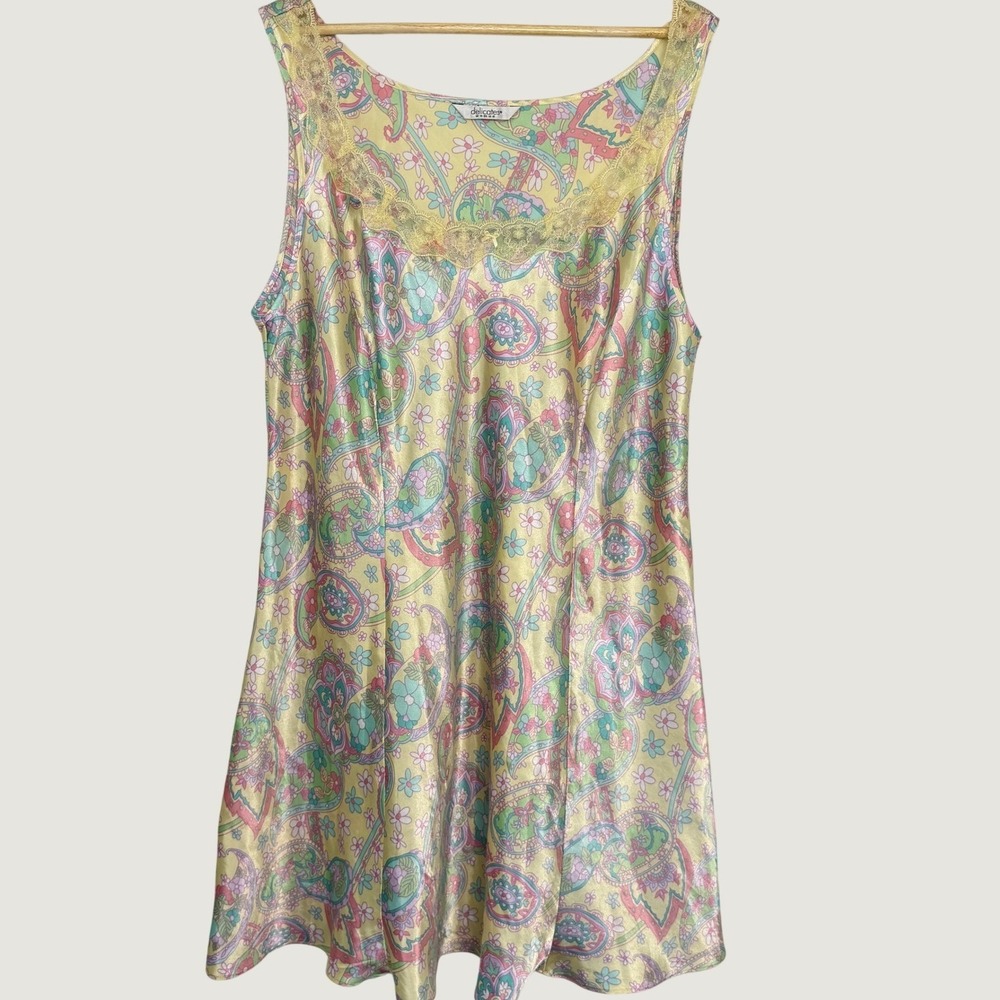 Vintage Delicates Satin Nightgown Womens XL Yellow Paisley Floral Lace Trim
